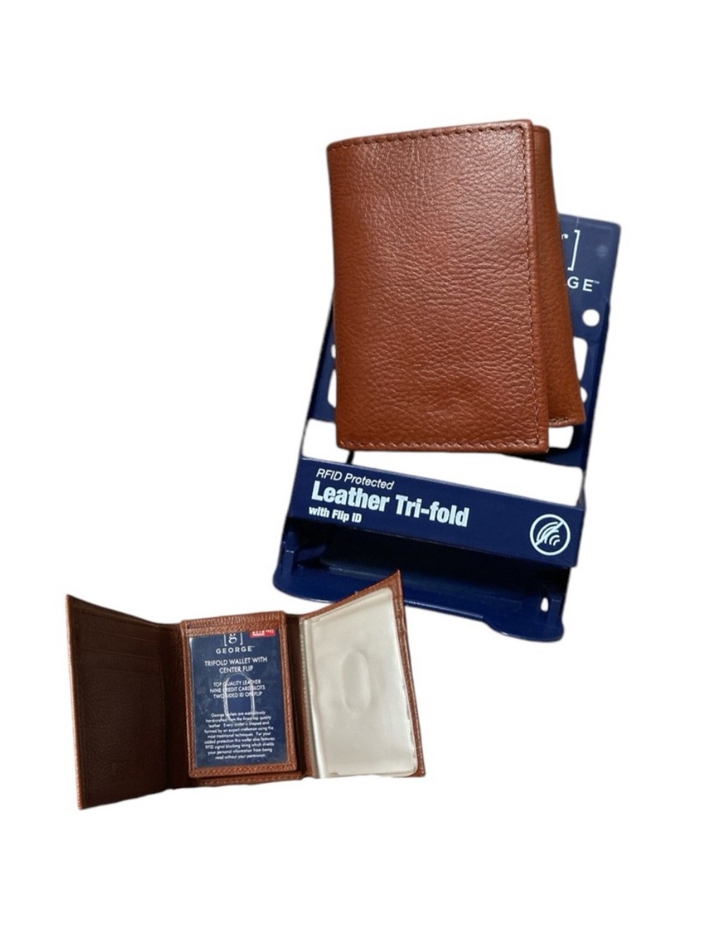 George Leather Tri-Fold Wallet Flip ID RFID Protected